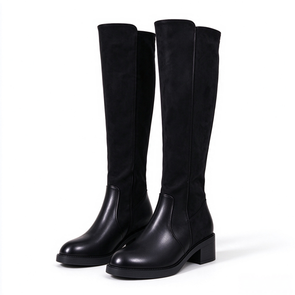 ATENAR Thigh High Boots for Women,Stretchy Shaft Boots,Low Block Heel,Soft Insole,Daily Wear,Round Toe,Black,7.5