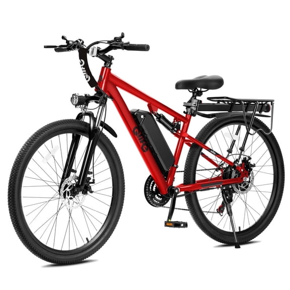 Qlife Electric Bike for Adults - 21-Speed Mountain Lightweight Ebike with Peak 750W 20MPH Brushless Motor, 26X2.1 Full Suspension Tire Step Over E-MTB (Red) with Fender & Rear Rack