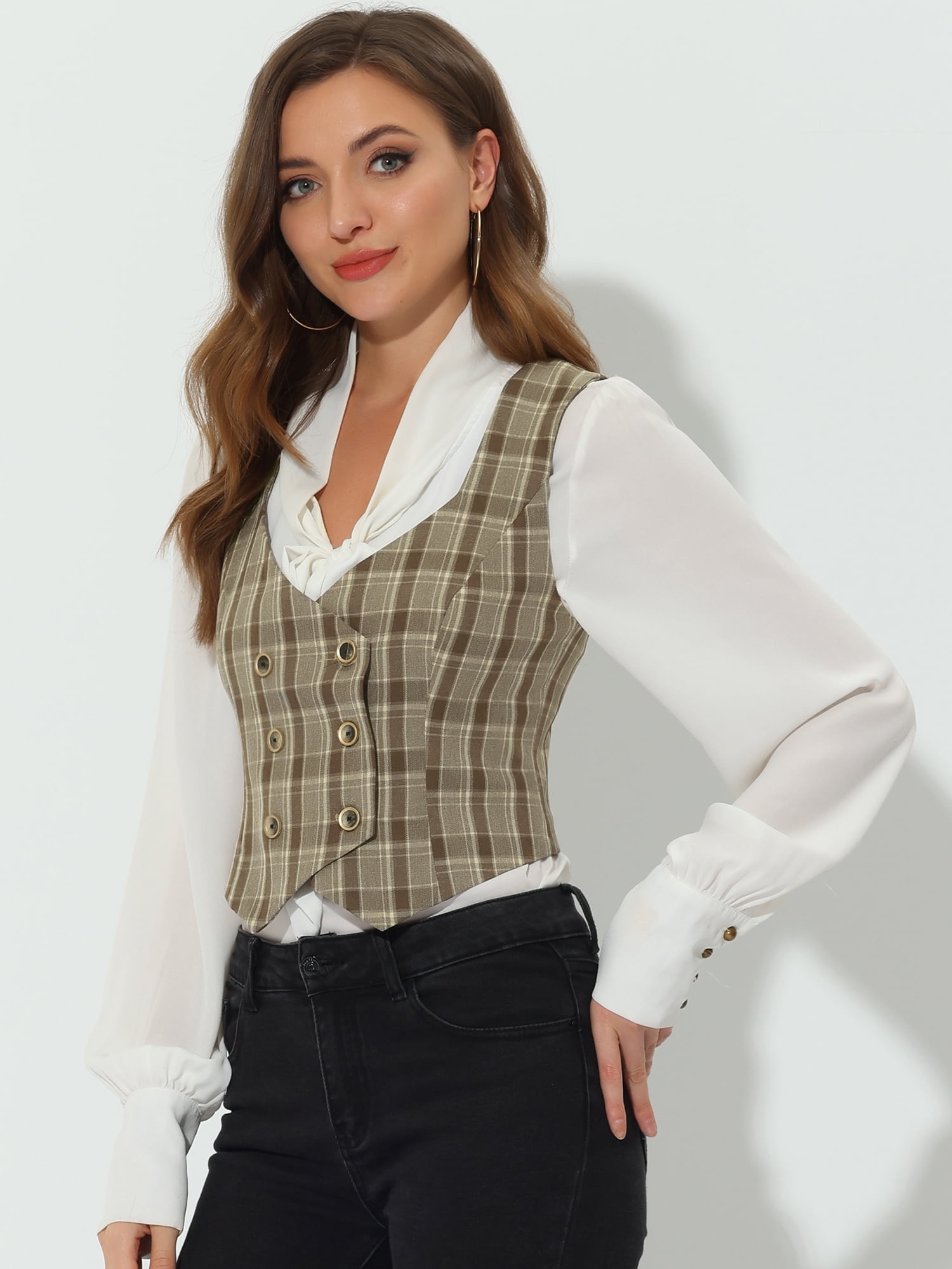 DARING DIVA Women's Costume Plaid Versatile Racerback Suit Vests L Brown