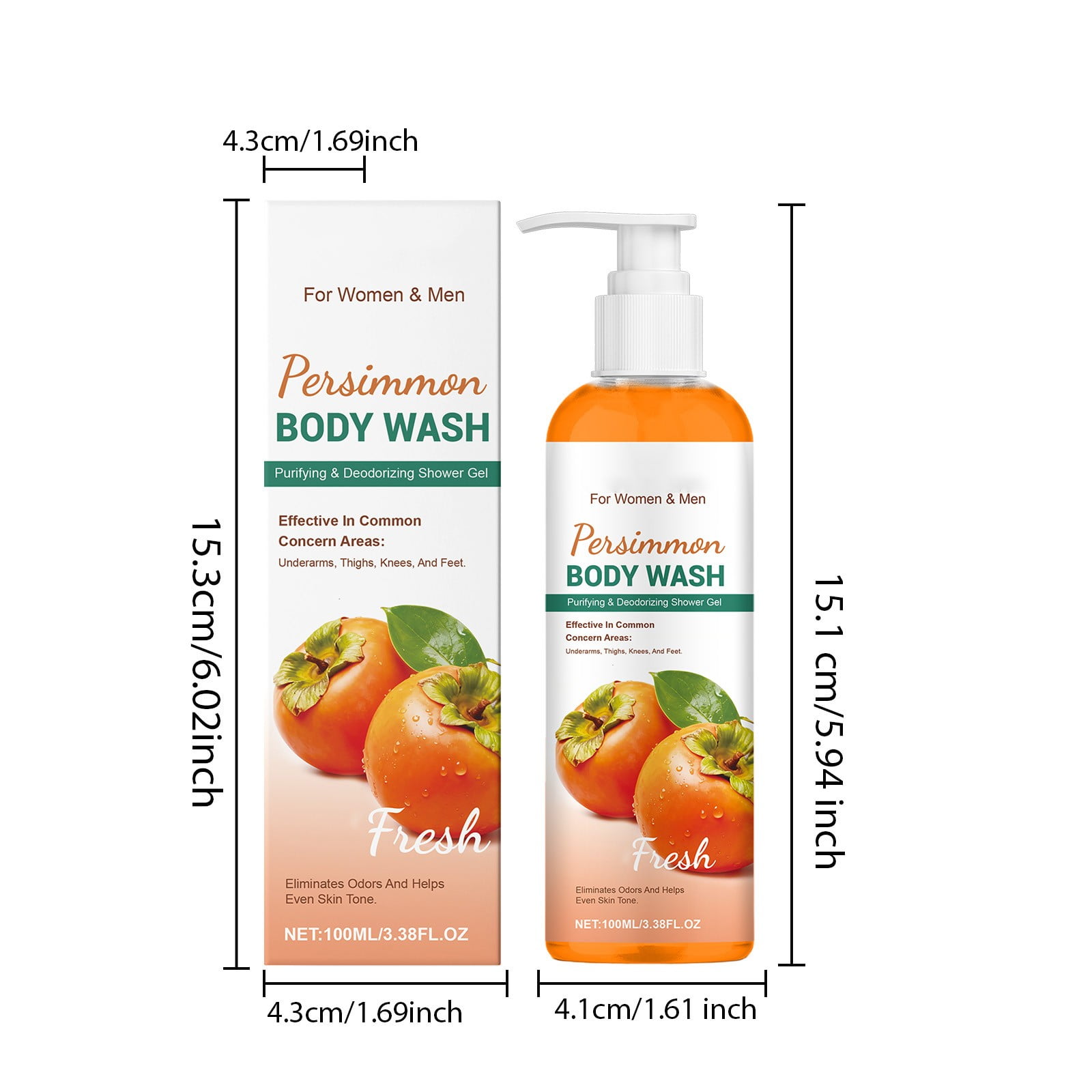 Persimmon Body Wash for Old People Smell, Natural Persimmon Soap Bar Old People Smell Remover, Nonenal Eliminator Purifying & Deodorizing with Natural Persimmon & Green Tea Extracts, 3.38 Fl Oz