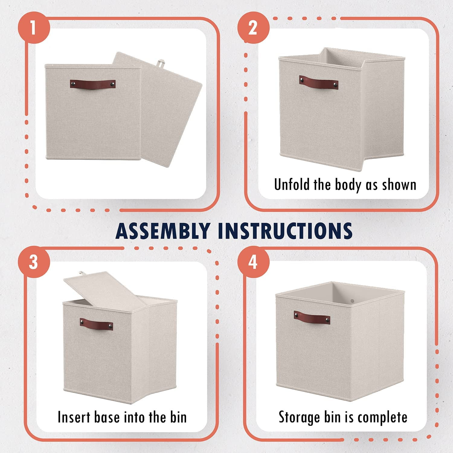 Ornavo Home Foldable Collapsible Storage Box Bins Linen Fabric Shelf Basket Cube Organizer with Leather Handles - Set of 6 - 11 x 11 x 11 - Beige