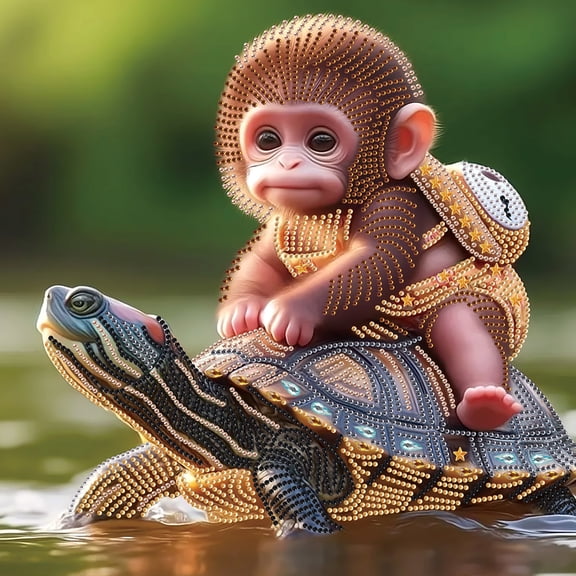 5D DIY Diamond Painting Kit, Monkey and Turtle Pattern Home Decor Handicraft, Complete Tool Kit Included, 15.7x15.7in