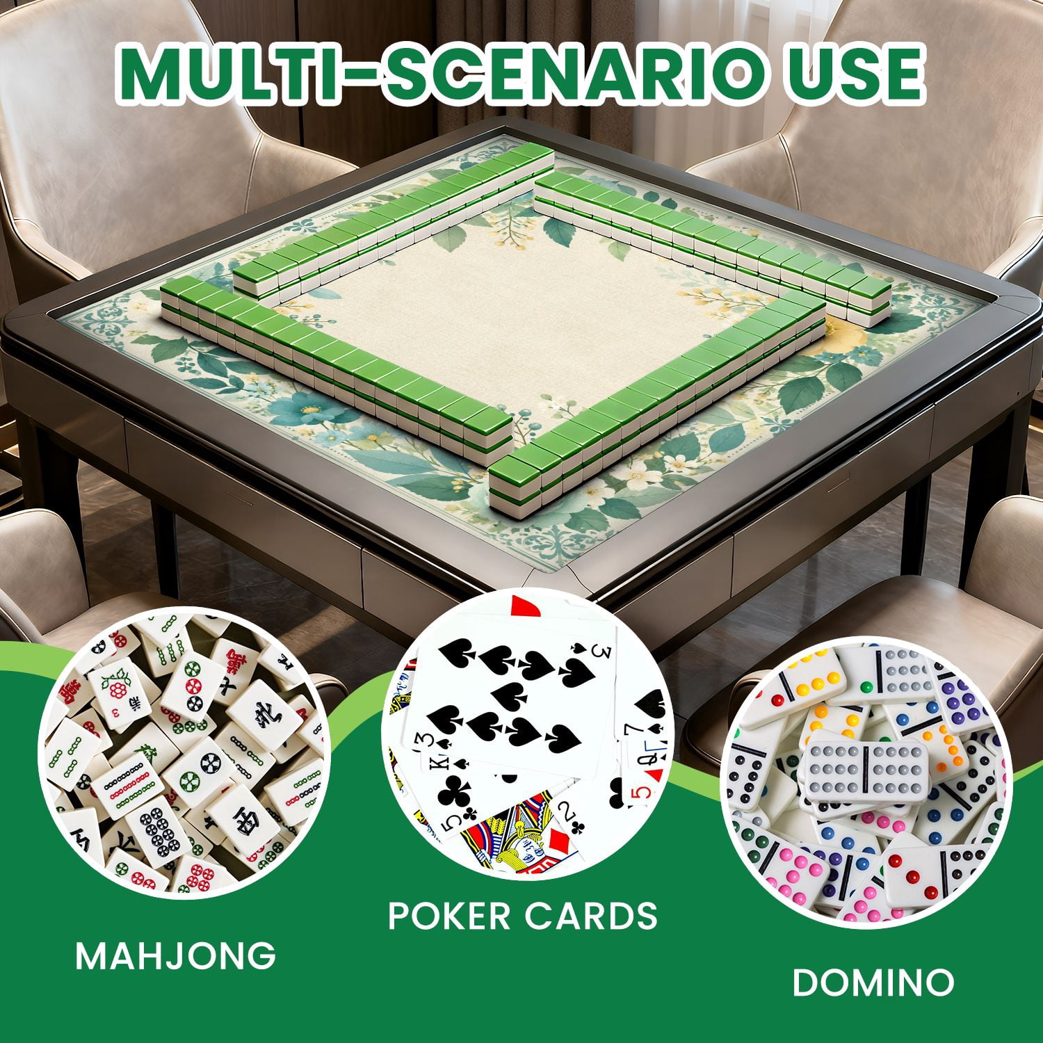 Mahjong Mat 31.5" x 31.5" Floral Swirl Soft Green Yellow Accents Teal Non-Slip Noise Reduction Mahjong Tiles Table Cover for Dominoes Poker Card Board and Tile Games