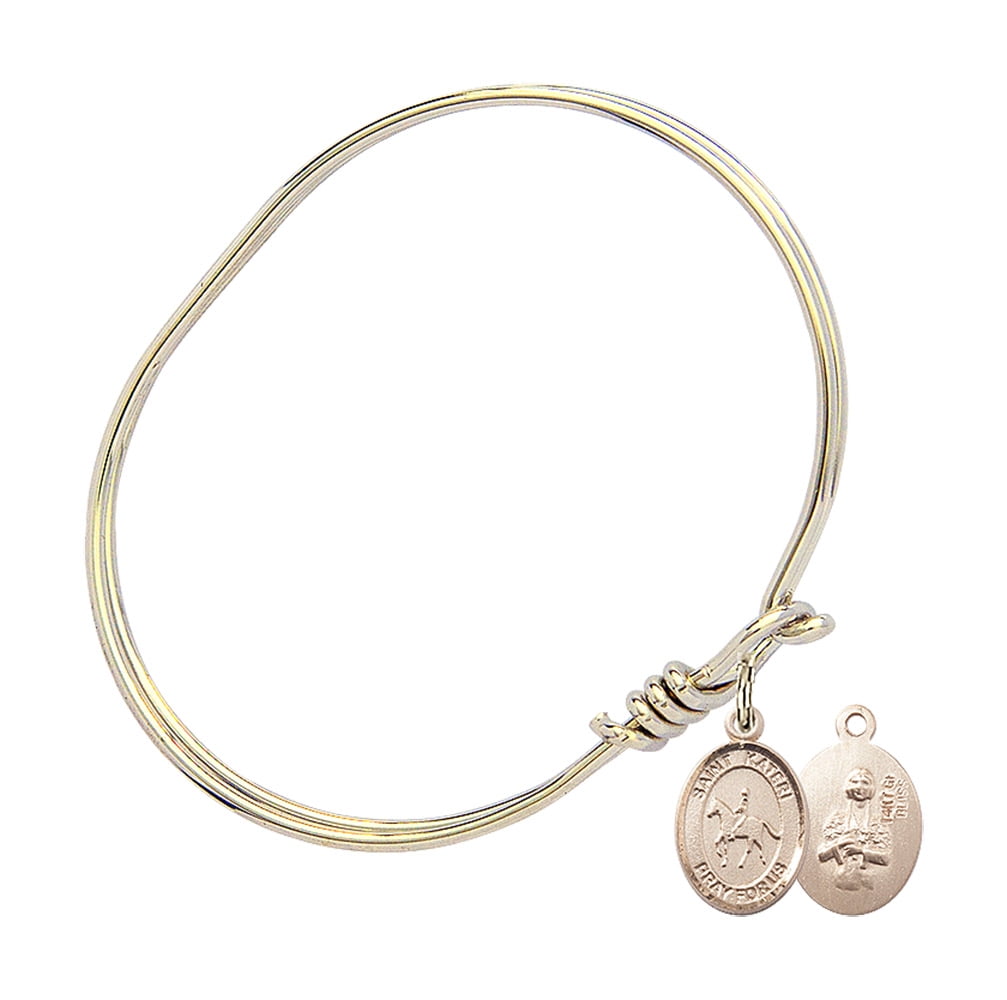 5 3/4 inch Oval Eye Hook Bangle Bracelet w/ St. Kateri/Equestrian in Gold-Filled