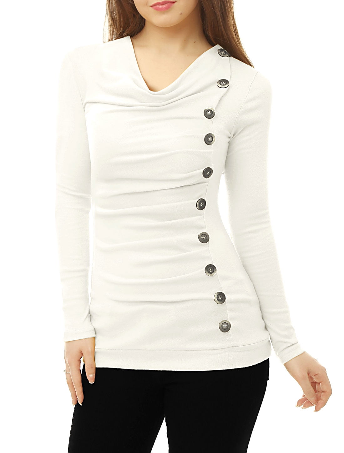 DARING DIVA Women's Cowl Neck Side Ruched Tunic Top S White