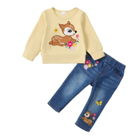 

Kucnuzki Newborn Baby Girls Pant Sets Fall Round Neck Deer Print Long Sleeves Top Elastic Denim Pants 2pcs Outfits Apricot 6-12 Months