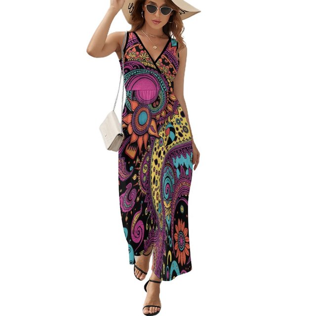 Vestido Largo Sin Mangas Para Mujer, Paisley Print Traje Informal Para Cumpleaños, Verano