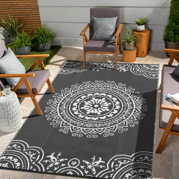 Senfot 8x10 Reversible Mats, Modern Area Rug, Plastic Straw Rug, Large Floor Mat for Outdoors, Backyard, Patio, Picnic, Beach, Camping Gray White