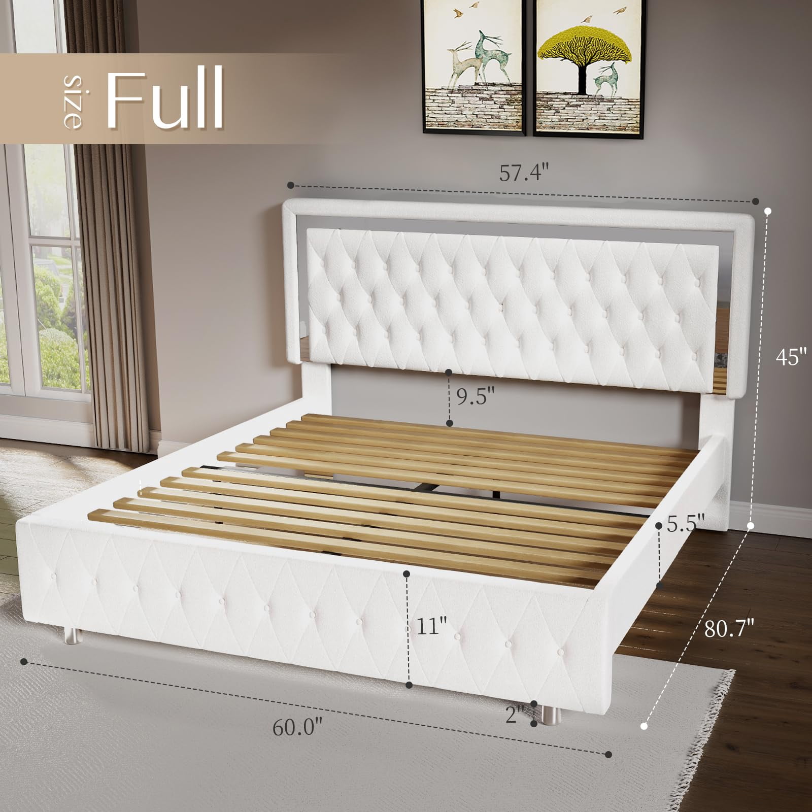 Merluxy Velvet Upholstered Bed Frame with LED Lights Headboard/No Box Spring Needed,Full,White