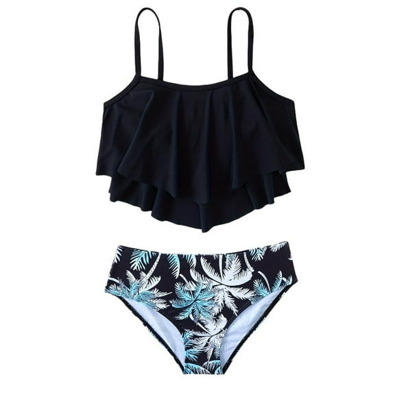 RUTAYY Girls Swimwear Two Piece Set Tankini And Swim Shorts Summer Pool Beach Outfit Comfortable Stretchy Fabric Quick Drying Bathing Suit, Black, 9-10 Years