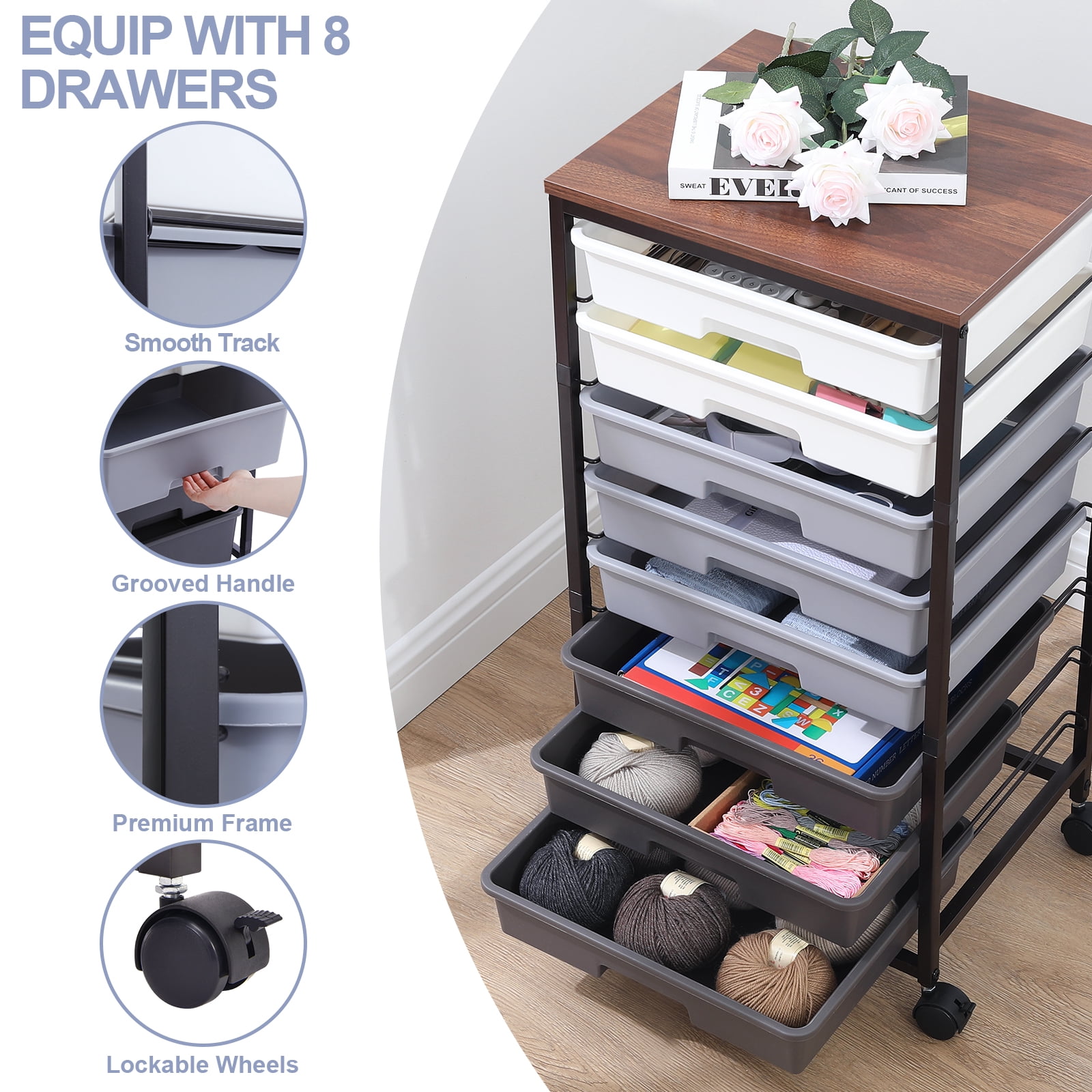 KK KINGRACK Storage Rolling Drawer Cart, Rolling Cart with 8 Drawers and Wooden Tabletop, Metal & Plastic, Gray