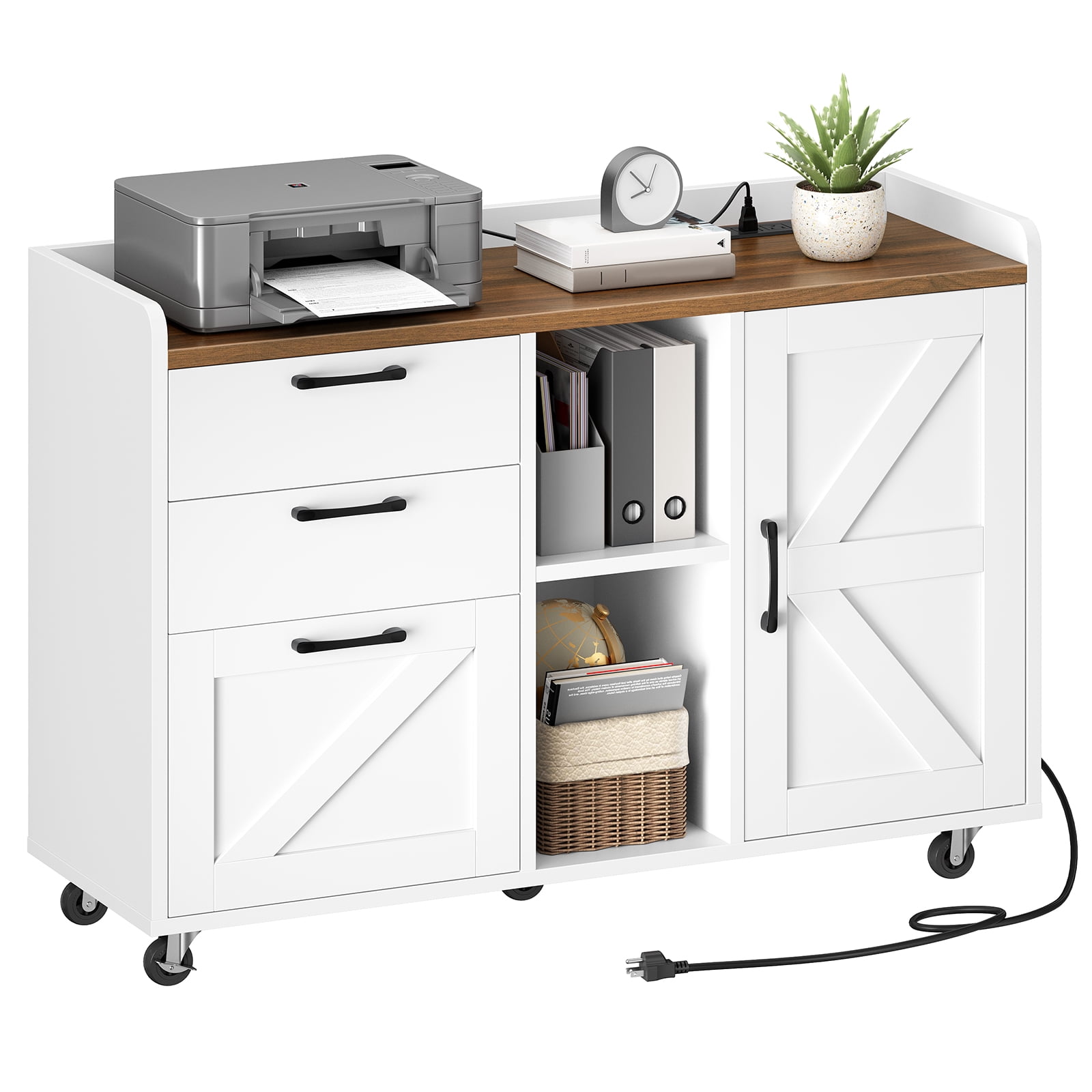 HOOBRO Farmhouse Lateral File Cabinet with 3 Drawers, Door & Charging Station, White