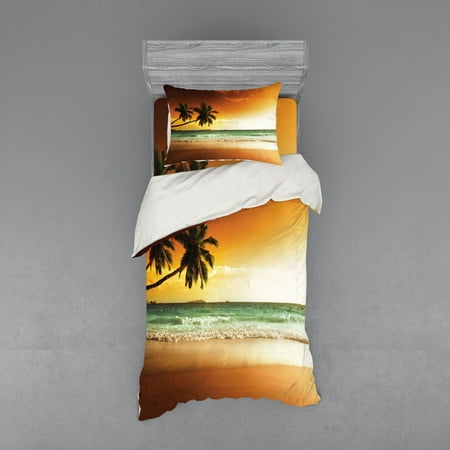 Tropical Duvet Cover Set Palm Trees Over Wavy Ocean Sandy Beach