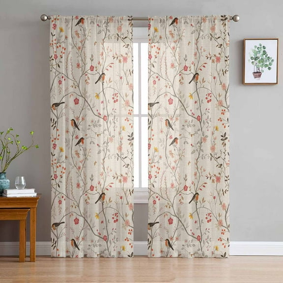 Flowers Birds Sheer Curtains 72 Inch Length 2 Panels Set for Living Room/Bedroom, Country Retro Botanical Floral Branches Curtain Sheers Drapes Rod Pocket Curtains Window Treatment Set 52''x72''x2