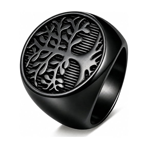 Men's Signet Ring, Black Stainless Steel Tree of Life Statement Ring, Round Face Design, Sizes 7-14