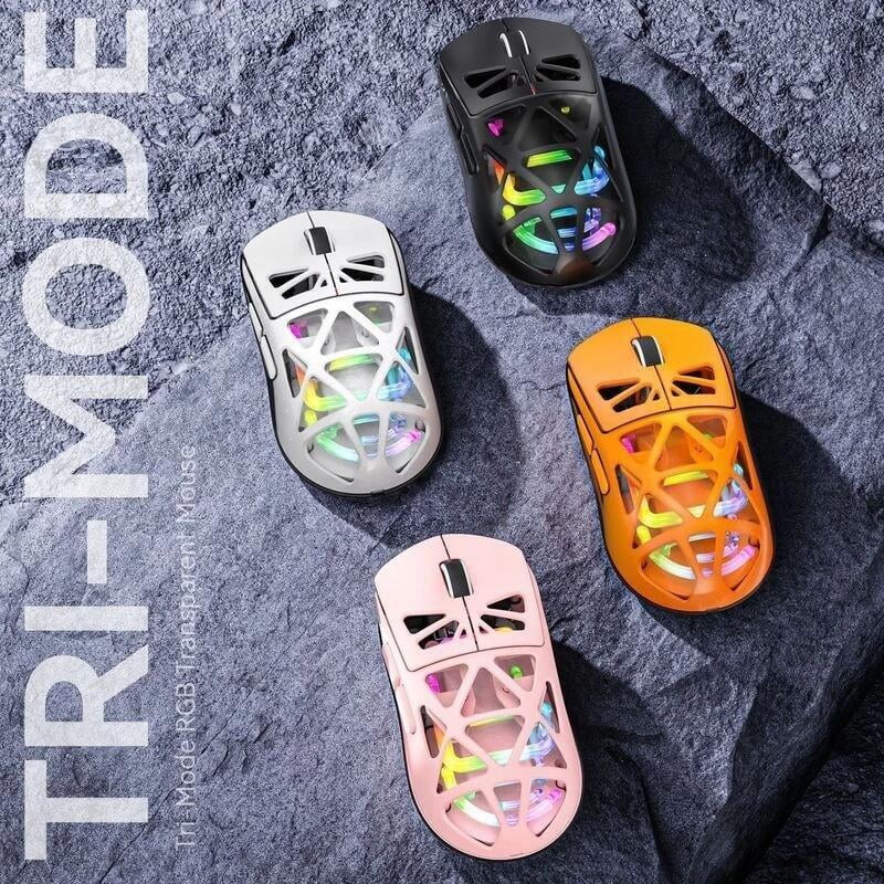 RGB Glowing Transparent Lightweight Wireless Bluetooth Tri-mode Esport Mouse Ergonomics Hollow out Mause For PC Laptop Computer