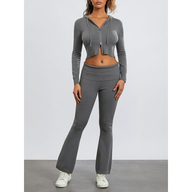 パンツ reverse cropped baggy zipper pant Women Knit Two Piece Set Long Sleeve Zip Up Crop Hoodie and