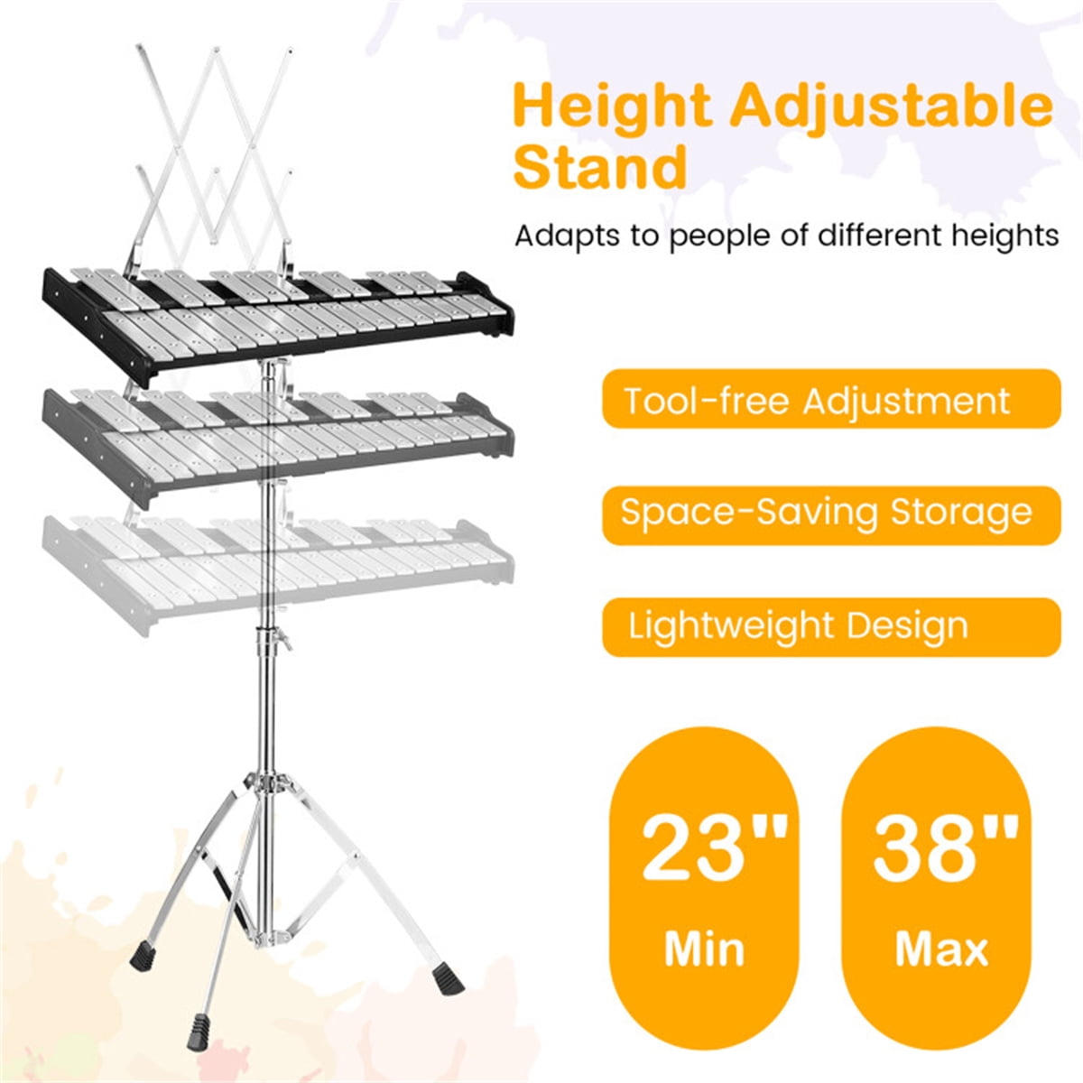 30 Notes Percussion Glockenspiel Adjustable Stand 23in-38in 22.5x14.5in Surface 10.8lbs Aluminum Bells 2.5 Octave Range Beginner Practice Kit Mallets Drumsticks 8in Pad Music Stand Carrying Bag