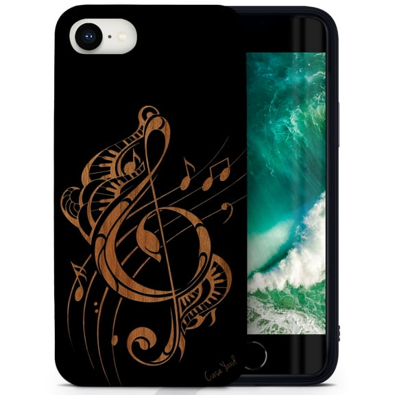 Case Yard Wooden Case for iPhone-SE Soft TPU Silicone cover Slim Fit Shockproof Wood Protective Phone Cover for Girls Boys Men and Women Supports Wireless Charging Tribal Music Note Design