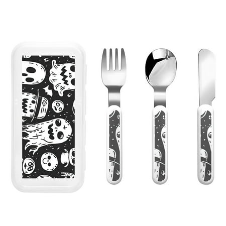 

Cauagu Black White Spooky Ghosts Print 3-Pieces Toddler Cutlery Set Kids Silverware Set with Spoons Forks & Knife Stainless Steel Utensils for Kids Dishwasher Safe