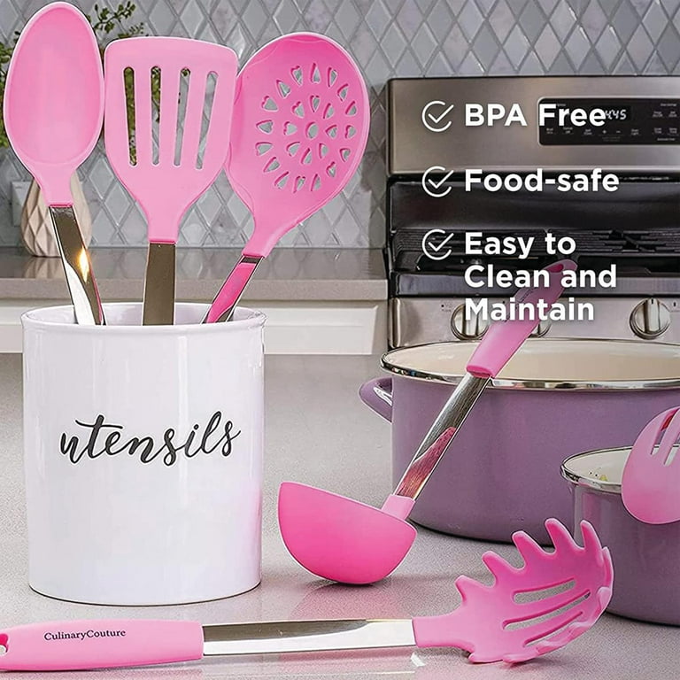 Culinary Couture Pink Cooking Utensil Set Stainless Steel Silicone Heat Resistant Professional