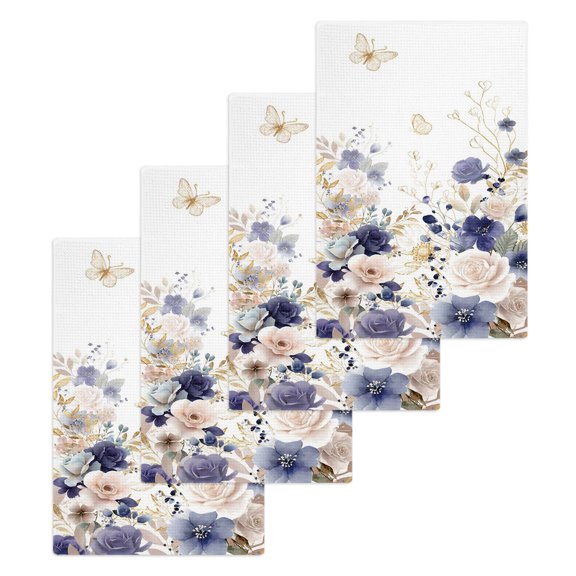 Purple Spring Floral Kitchen Dish Towels for Drying Dishes Set of 4, Elegant Pastoral Flowers Watercolor Waffle Weave Microfiber Hand Tea Bathroom Towels Quick Dry & Absorbent Towel 15.7x23.6