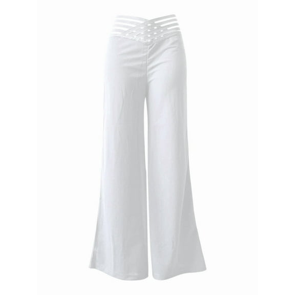 Women'S Hollow Belt Trousers Temperament Commuter Flared Pants High Waist Casual Wide Leg Pants White M