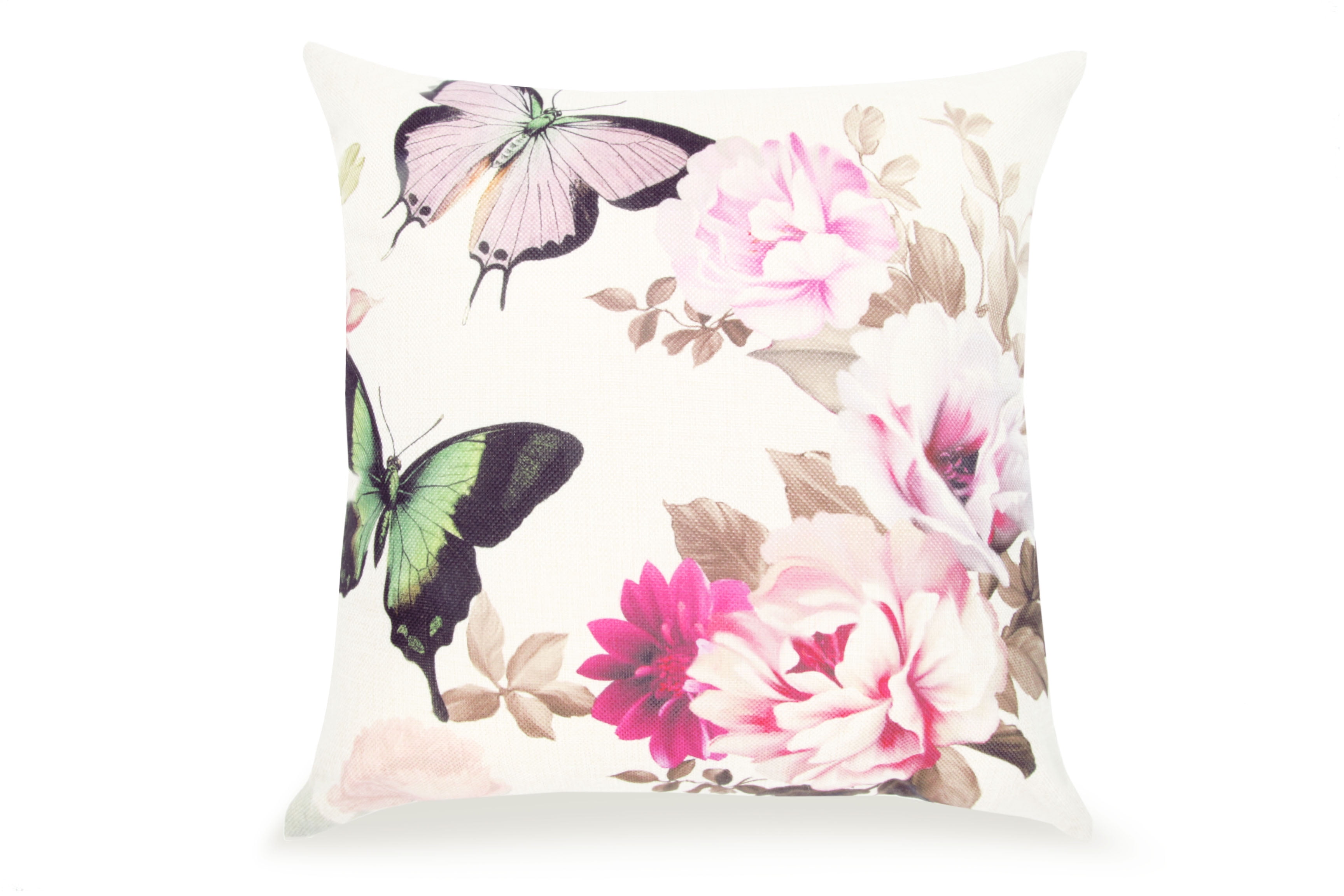 Flower Square 18x18 Pink Flower with Pink and Green Butterfly Pillow Cover