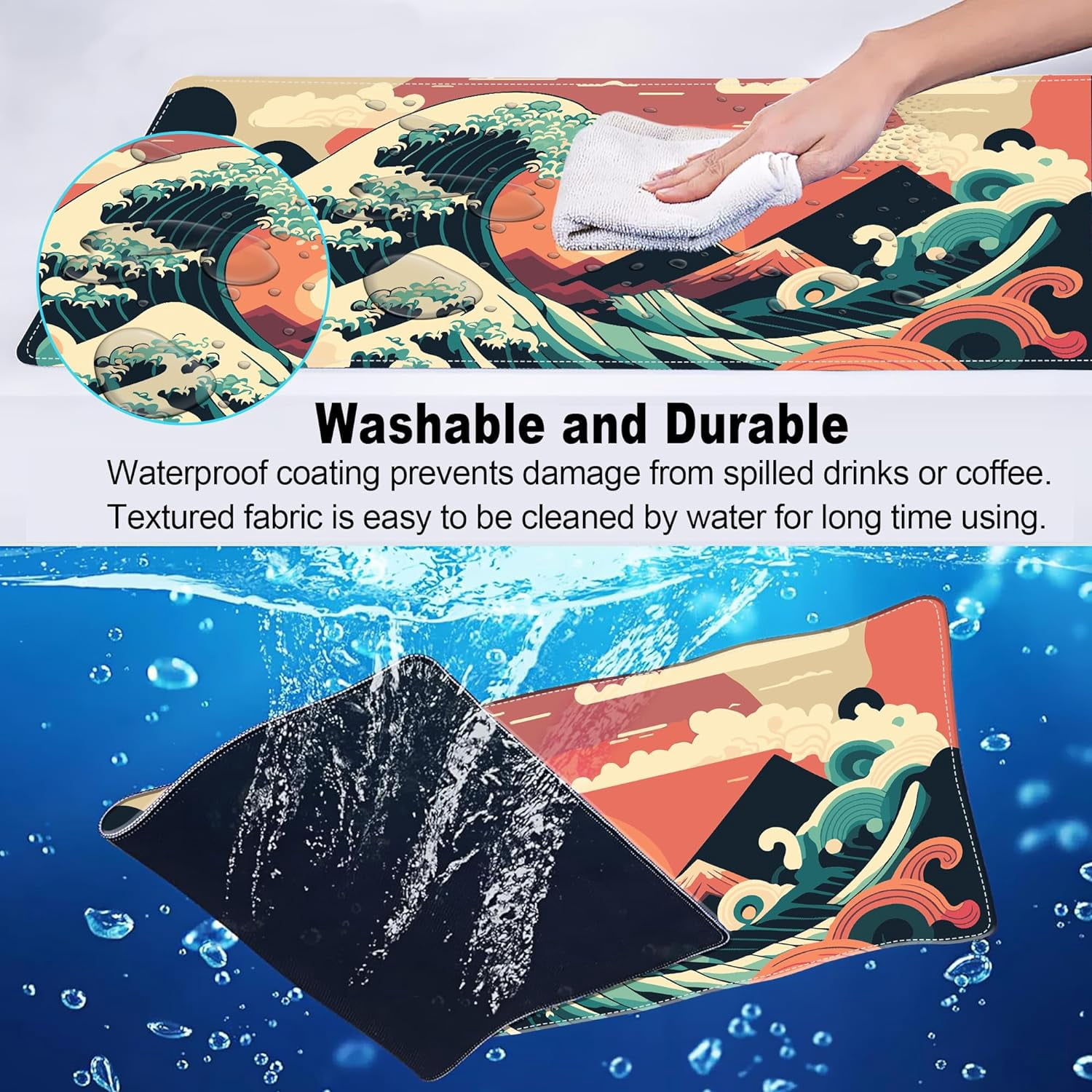 Gaming Mouse Pad, Japanese Sea Wave Sunset on Cloud Extended Large Desk Mat, Big Computer Keyboard Desk Pad, Stitched Edges Mousepad, 31.5 x 11.8 Inch Waterproof Desk Pad for Office Home