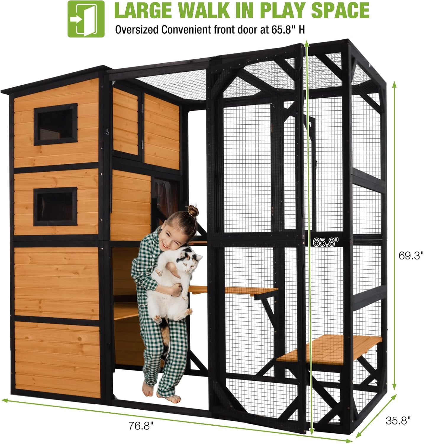 Catio Outdoor Cat Enclosure Large Cat Enclosure 4 Tiers Outdoor Cat House Connectable with Window,Brown,77" L