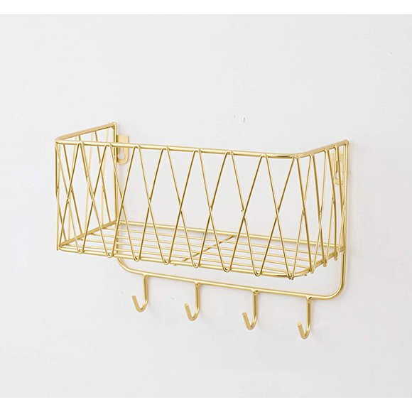 Étagère Murale Étagère Flottante avec Grille en Métal, Étagère Murale avec Crochets, Porte-Serviettes, Porte-Manteau Mural Flottant Déco Maison