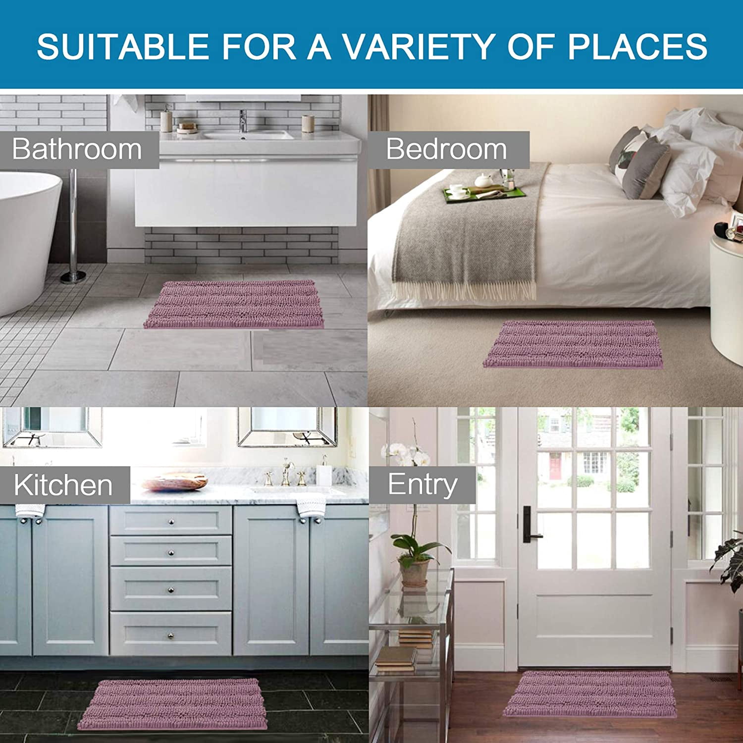 2 Piece Bathroom Set Mauve/Rose Bathroom Rugs Ultra Thick and Soft Texture Chenille Plush Striped Floor Mats Hand Tufted Bath Rug with Non-Slip Backing(20" x 32"/17" x 24")