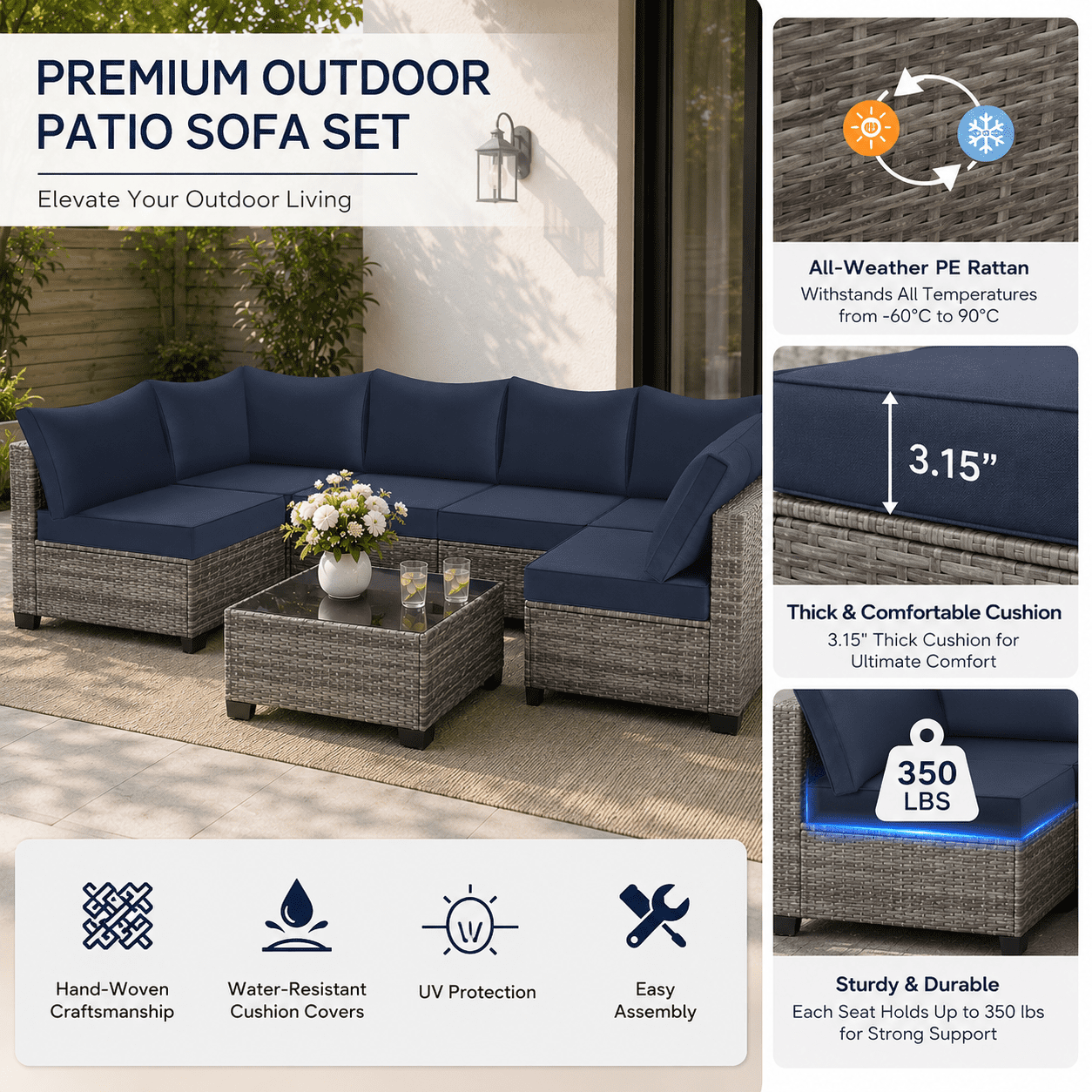 YIORTWO 7-Piece Outdoor Patio Furniture Set, Modular Wicker Sectional Sofa with 3.15" Thick Cushions, All-Weather Rattan Conversation Set with Tempered Glass Table, Navy Blue
