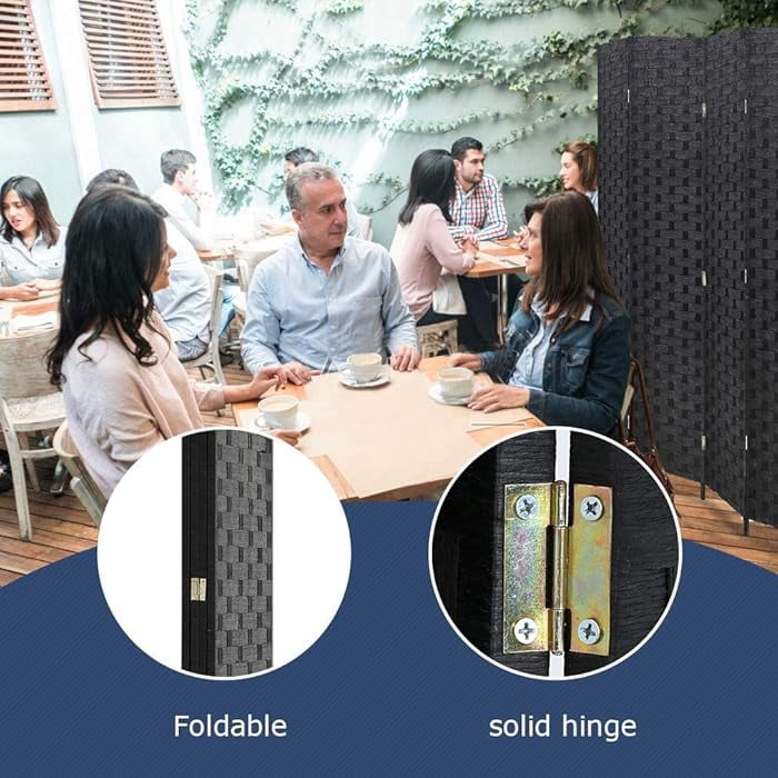 Room Dividers and Folding Privacy Screens 4 Panel 6 ft Foldable Portable Room Seperating Divider, Handwork Wood Mesh Woven Design Wall, Freestanding, Black