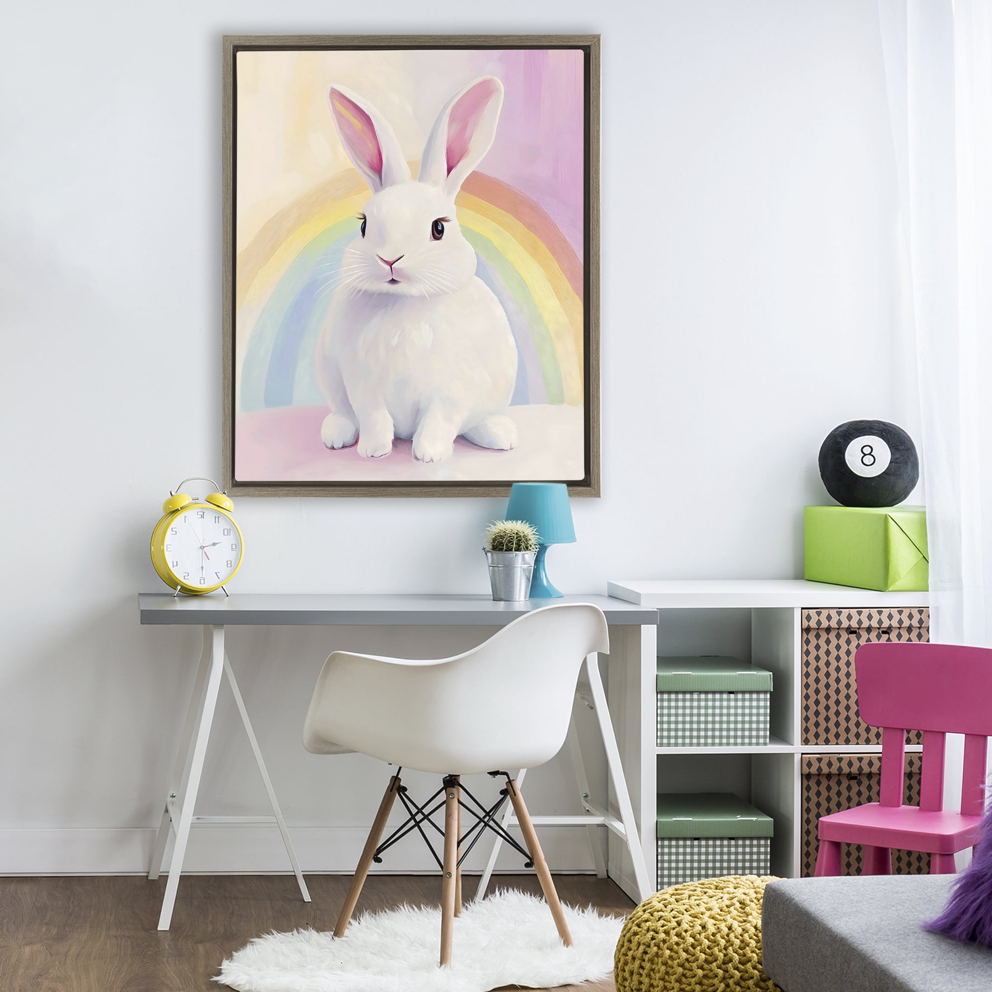 Stupell Industries Rainbow Bunny in Pastel Hues Brown Framed Floater Canvas Wall Art, design by The Prints Vibe