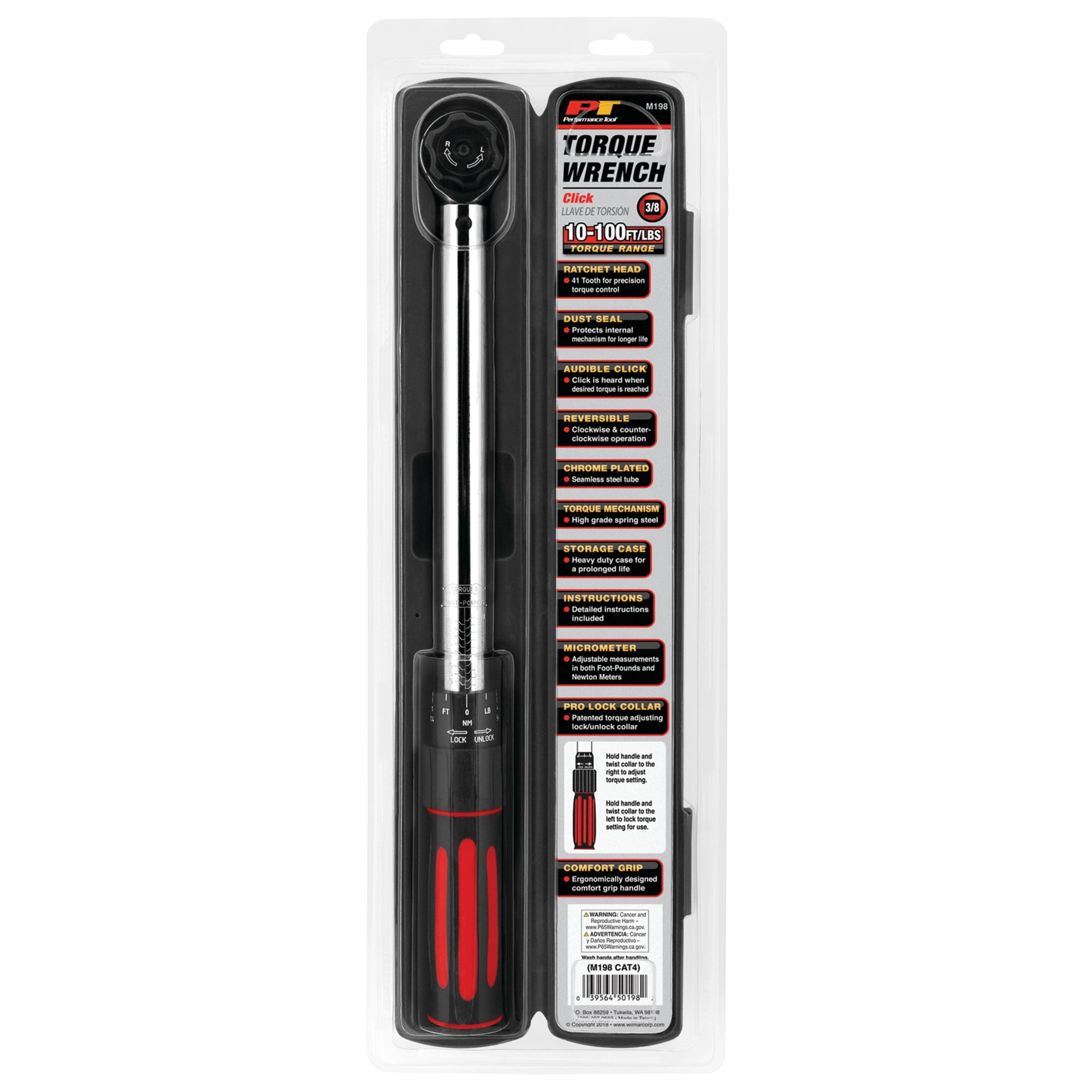 Performance Tool M198 3/8-Inch Drive Click Torque Wrench With Patented Torque Adjusting Locking Collar (10 to 100 ft/lb)