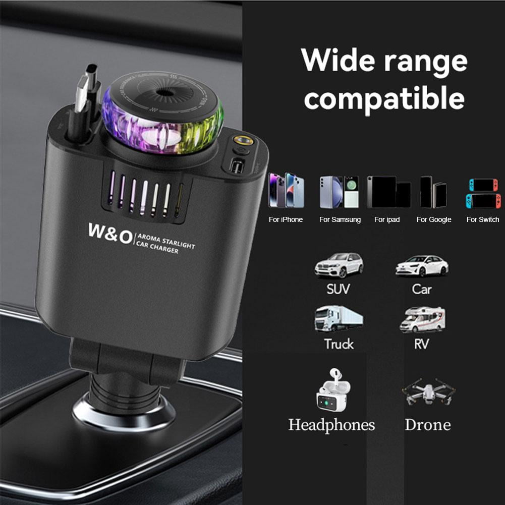 Retractable Car Charger with Aromatherapy and Starlight, 5 in 1 USB C Car Charger for iPhone 16 15 14 13 12 11, Fast Charging Compatible with iPhone Android