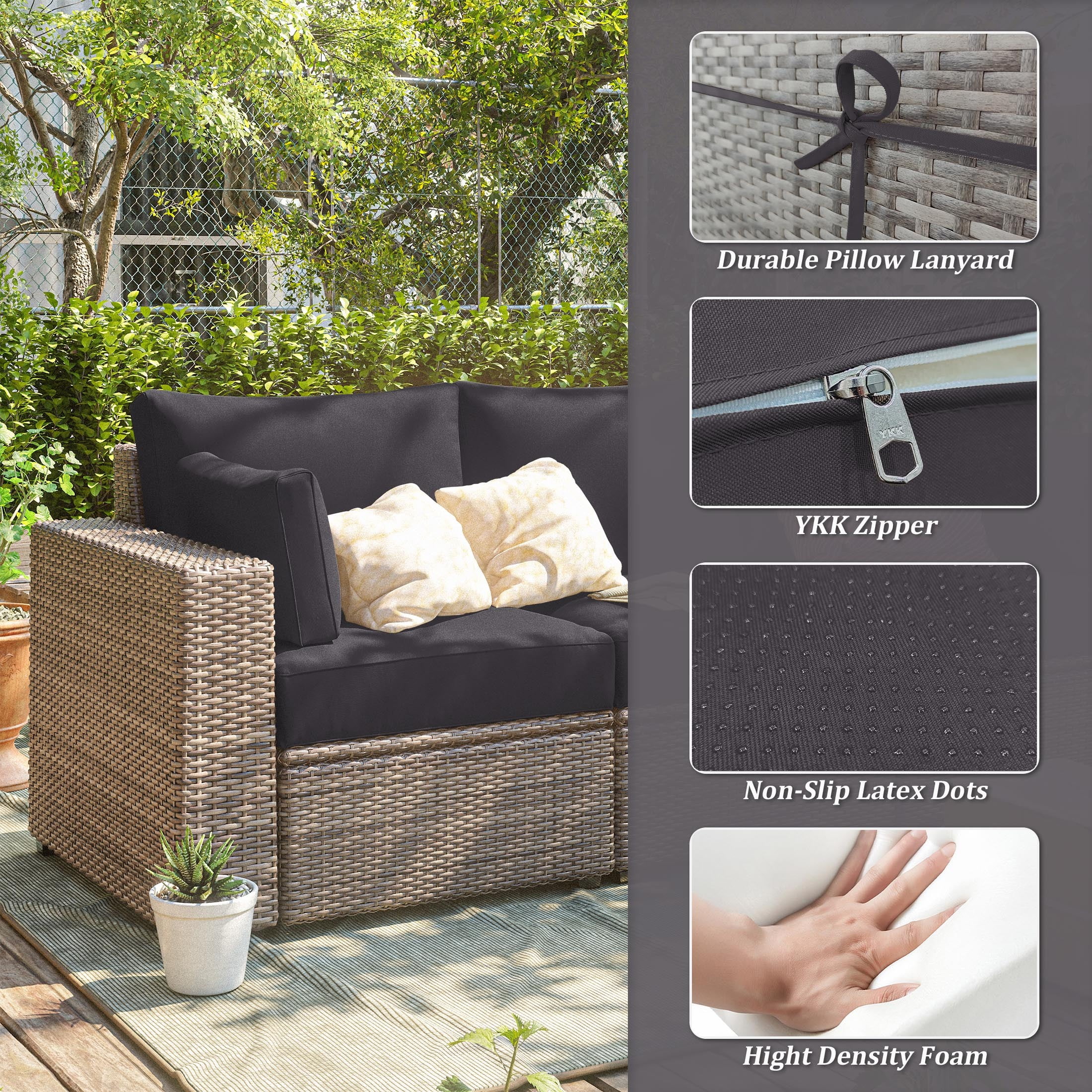 Pakunoda Outdoor Cushions Replacement, 8 Piece Sectional Cushion Fits 3-Seat, 4” Foam Deep Seat, for Patio Rattan Wicker Replacement Cushion, Liner&Cover, Grey
