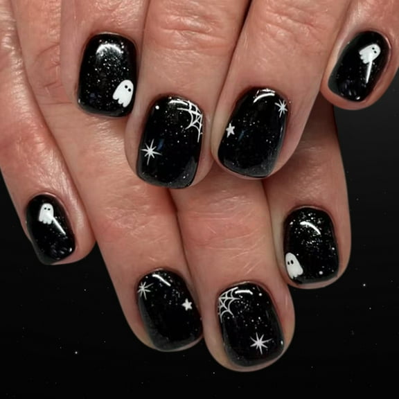 24 Pcs Short Square Halloween Nails Glossy Web Design Press On Artificial Nails Full Cover