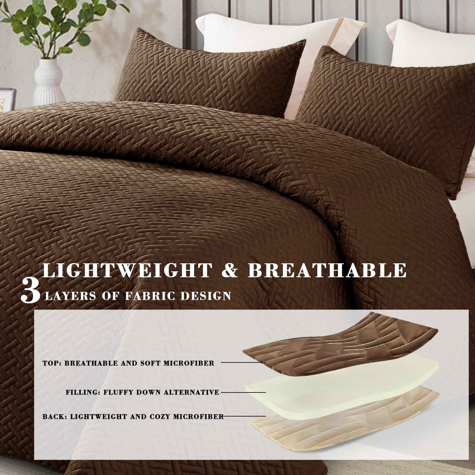 Exclusivo Mezcla 3-Piece Queen Size Quilt Set, Basket Quilted Bedspread/Coverlet/Bed Cover(90"x 96", Brown)