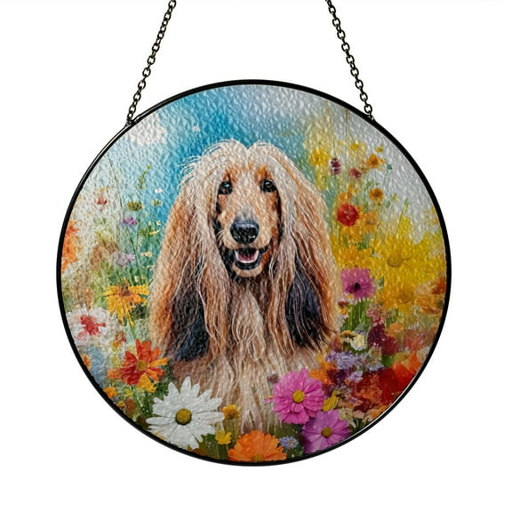 Welcome Spring Summer Afghan Hound Portrait Flower Blue Sky Stained Glass Suncatcher Dog Lover Window Hanging Sign Decor - 12001
