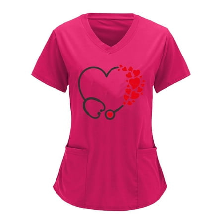 

Hvyesh Women s Scrubs Top with Pocket V-Neck Printed Casual Short Sleeve Working Uniform Top Nurses Tunic Uniform Clinic Carer V-Neck Protective Clothing Tops