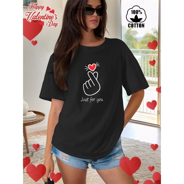 Women Crewneck Print Short Sleeve T-Shirts Summer Tees Loose Fit Graphic Tops1pc Valentine'S Day Women'S T-Shirt, Crew Neck, Slight Stretch, Sports Style, All-Season, Printed Love Heart & Lettering