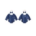 thumbnail image 2 of RUINIXCW Baby Girl Denim Romper Bow Front Long Sleeve Fall Bodysuits with Headband, 2 of 8