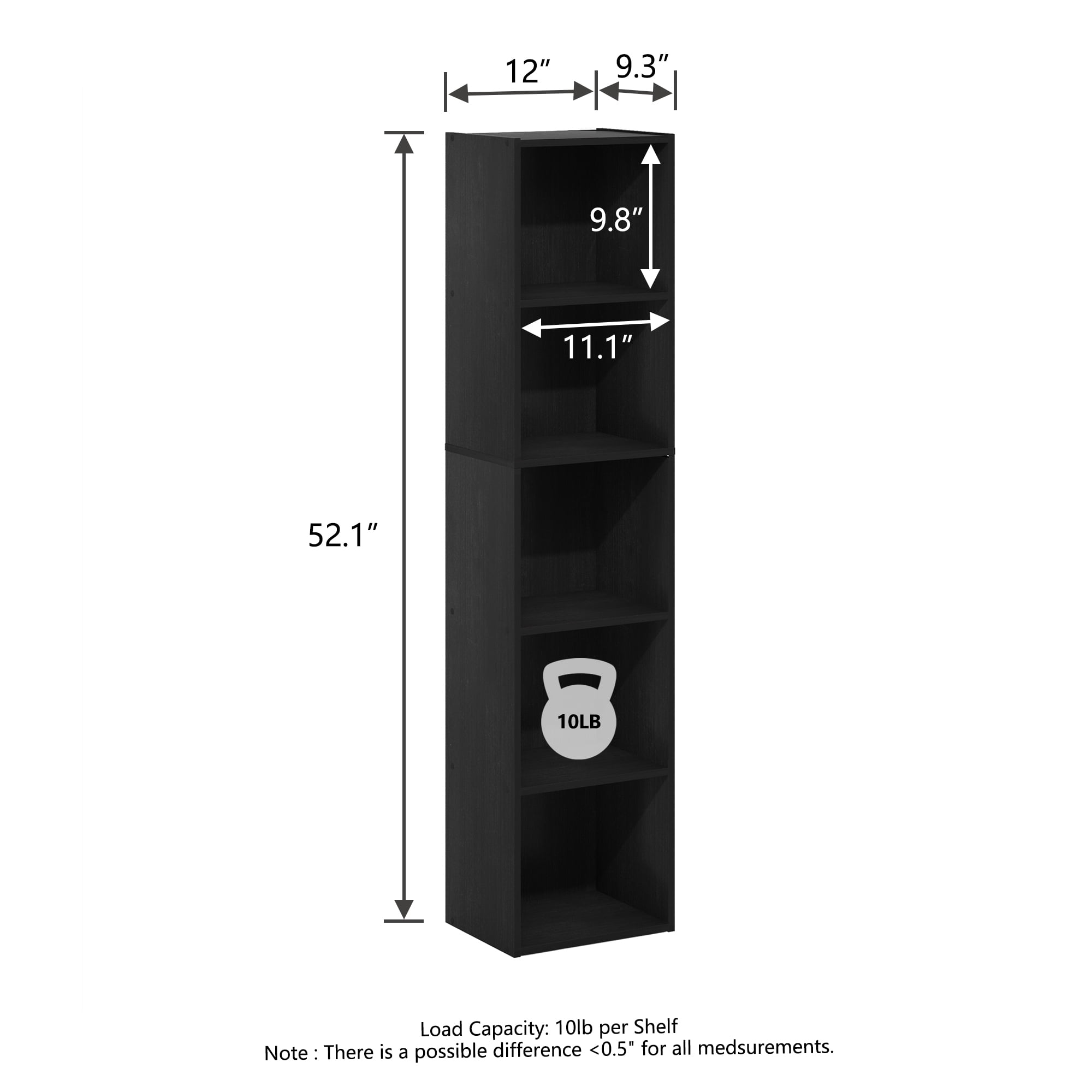 HOMLUX 9" x 12" x 52" Storage Shelf 5 Tier Cube Bookcase, Suitable for Small Space, Black