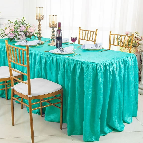 Wedding Linens Inc. 8' (96"x30") Rectangular Ruffled Fitted Crushed Crinkle Taffeta Tablecloth With Skirt - Pool Blue