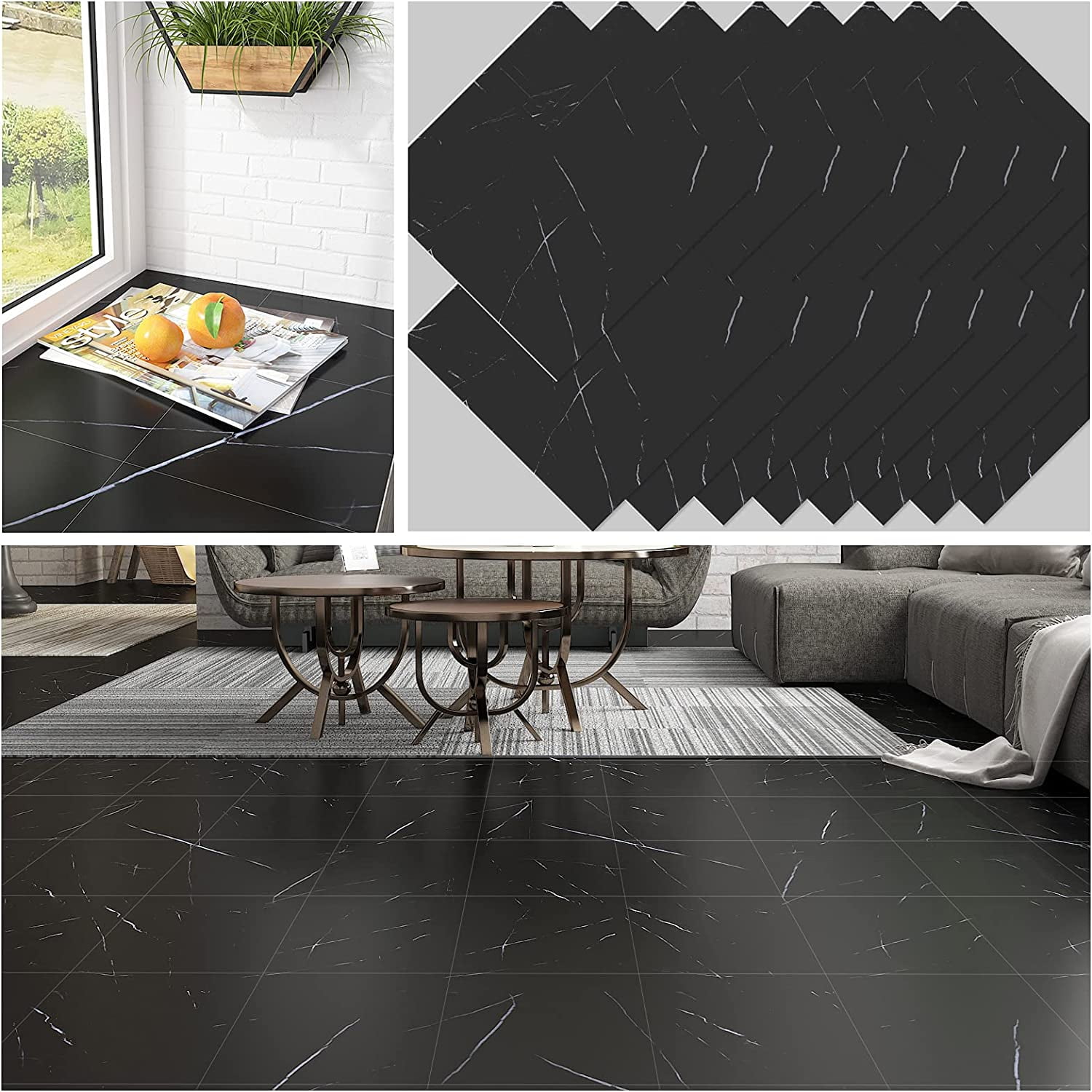 48 Pcs Peel and Stick Floor Tile Black Marble Vinyl Flooring Waterproof