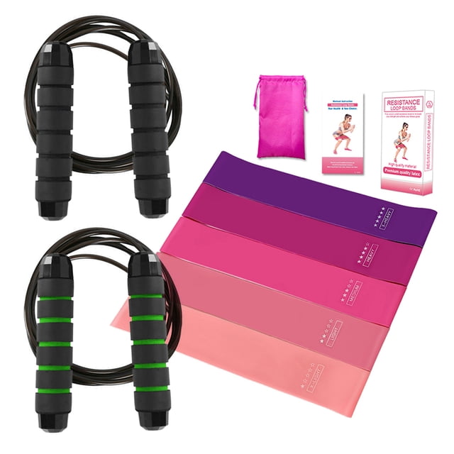 Corde de Saut Réglable & Kit de Bande de Résistance : 2 Pcs Cordes en Fil d'Acier PVC avec Poignées en Éponge (Noir/vert Ou Rouge/bleu) + Bandes de Gel de Silice à 5 Niveaux (10-40lbs, Rose) pour Entraînement Physique, Yoga, Entraînement –