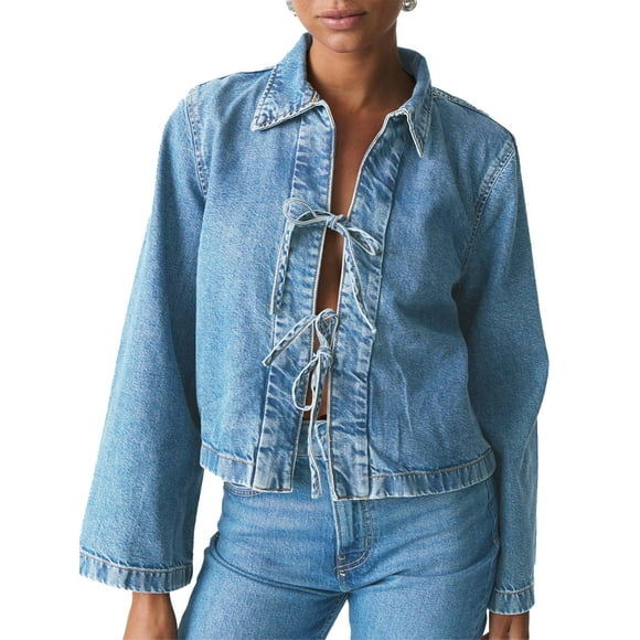 Gupgi Women Denim Jacket Fashion Tie Front Lapel Neck Long Sleeve Jean Coat Solid Color Fall Blouses