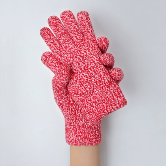 A Pair of Gloves Red Polyester Women Autumn Winter Solid Color Padded Wool Knit Warm Gloves